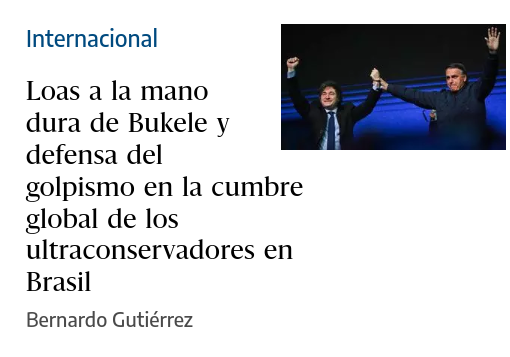 bernardosampa's tweet photo. Elogios a la mano dura de Bukele, performance de Milei y cierre de filas alrededor de Jair Bolsonaro. Cuento en este texto los rumbos de la extrema derecha latina esbozados en la última reunión de la CPAC en Balneario Camboriú, la cutre Dubai brasileña  https://t.co/SPNU1xSsy6 https://t.co/9hZC5BaUYP