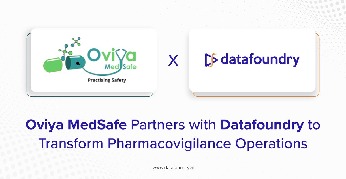 datafoundryai's tweet photo. Oviya MedSafe Partners with Datafoundry to Transform Pharmacovigilance Operations.
We are joining forces with Oviya MedSafe, a leader in pharmacovigilance and drug safety, to supercharge pharmacovigilance operations by integrating advanced AI automation and digitalization tech. https://t.co/ZdWzoue1yu