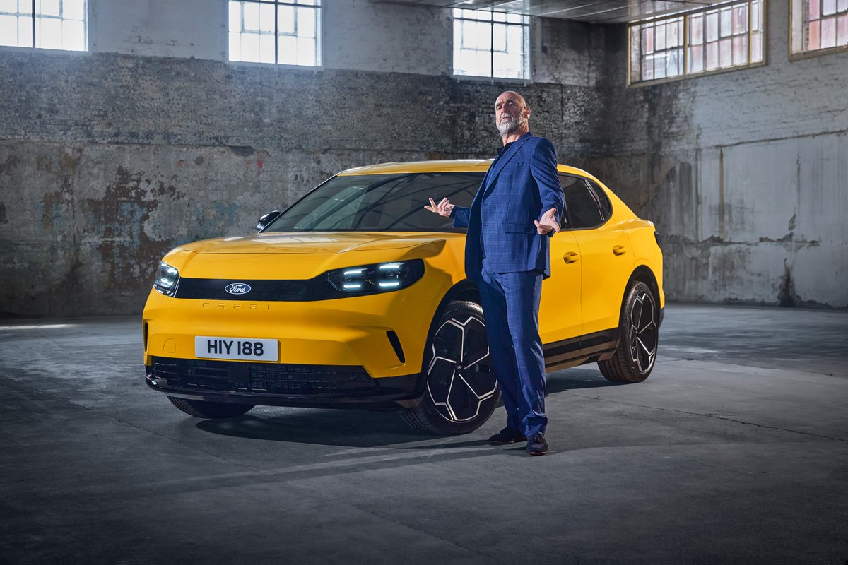 FordNewsEurope's tweet photo. Say hello to the new all-electric Ford Capri and our special guest star, Eric Cantona! ⚡️ 

#LegendIsBack #JeSuisCapri #FordCapri https://t.co/pMEHFRwjaC