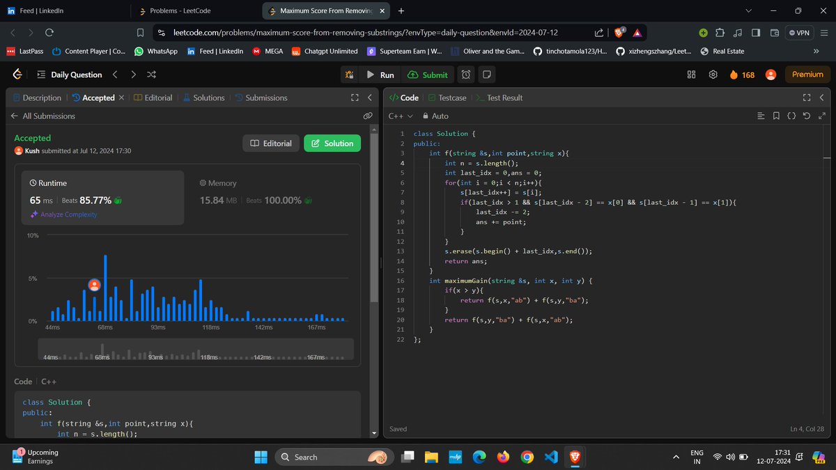 _kush_1719's tweet image. 🎯#Day152 of the #200DaysOfCode Challenge.
💫Here's a snapshot of today's coding endeavors:
1. Maximum Score From Removing Substrings.
2. Root to leaf path sum.
Excited to embark on this coding journey!👨💻#programmingEnthusiast #gfg #lovebabbar #chitkaraUniversity #rohitnegi