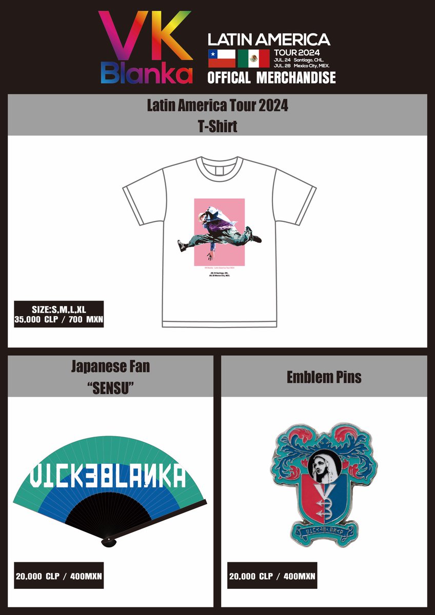 VickeStaff's tweet photo. /⋰
#VKBlanka
Latin America Tour 2024 🇨🇱🇲🇽
Merch Information✨
\⋱
T-shirts ,Japanese fan and emblem pins will be available!
Get your tickets now for the show!🎫
https://t.co/ENZ2DlvWFF
#VKLATAMTOUR
#NeverRun
#BlackCatcher https://t.co/DKDQp3aBRP