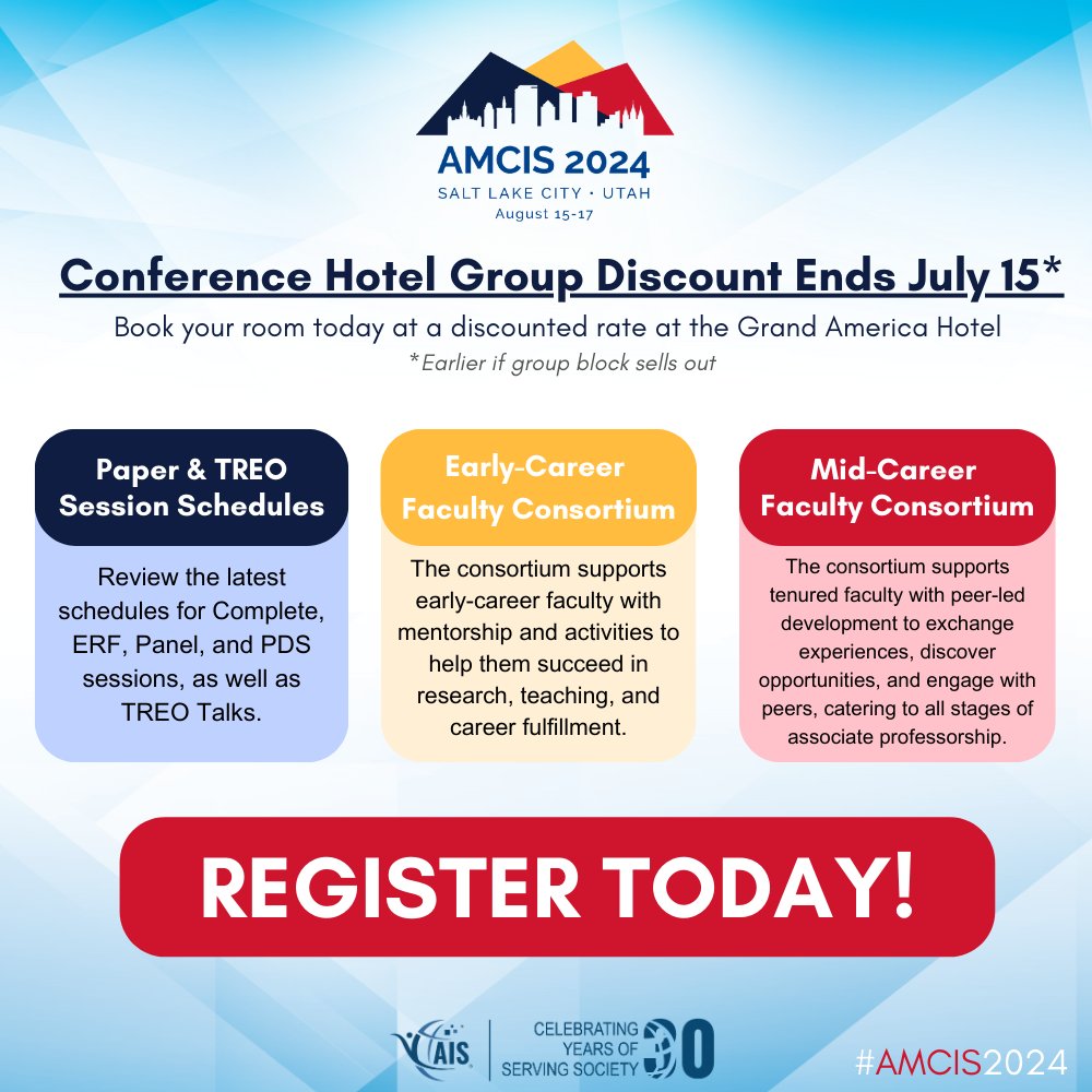 Reserve your room at the Grand America Hotel, the official conference hotel, by July 15! ow.ly/RGia50SzQTM

Register today! ow.ly/qweB50SzQJv
AMCIS 2024 schedule ow.ly/zNYz50SzQJs
Early-Career FC ow.ly/JR0f50SzQJx
Mid-Career FC ow.ly/j77s50SzQJp