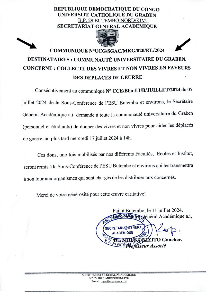 L'UCG organise une collecte  des biens (vivres et non vivres) pour les déplacés de guerre. Qu'on se le communique  et agissons!  Votre geste peut sauver une vie!