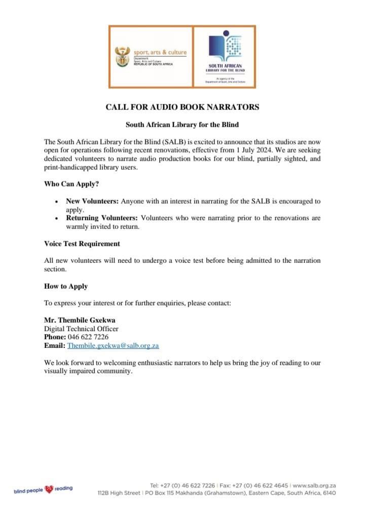 A call for volunteer audio book narrators for the South African Library for the Blind: