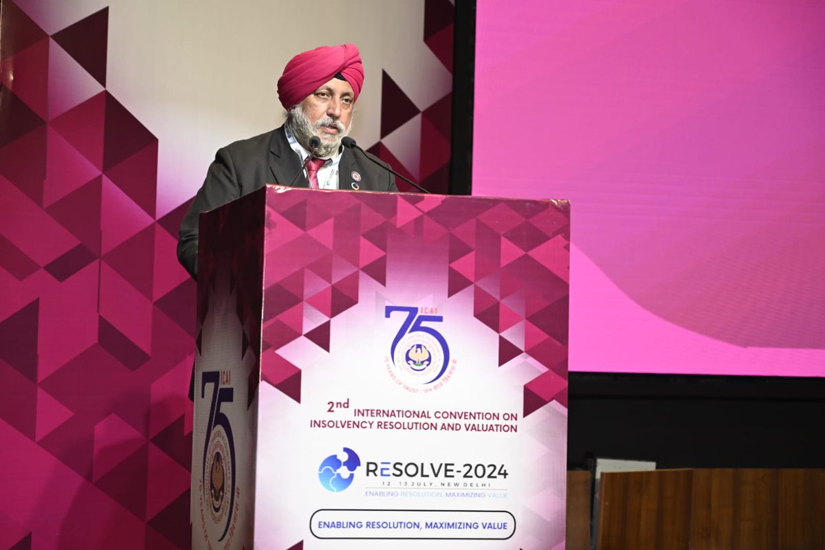 theicai's tweet photo. CA. Charanjot Singh Nanda, Vice President-ICAI emphasized on success of IBC &amp; highlighted its crucial role in making India a preferred destination across the globe during the 2nd International Convention on Insolvency &amp; Valuation #Resolve2024 https://t.co/ofZCLX0iZ7