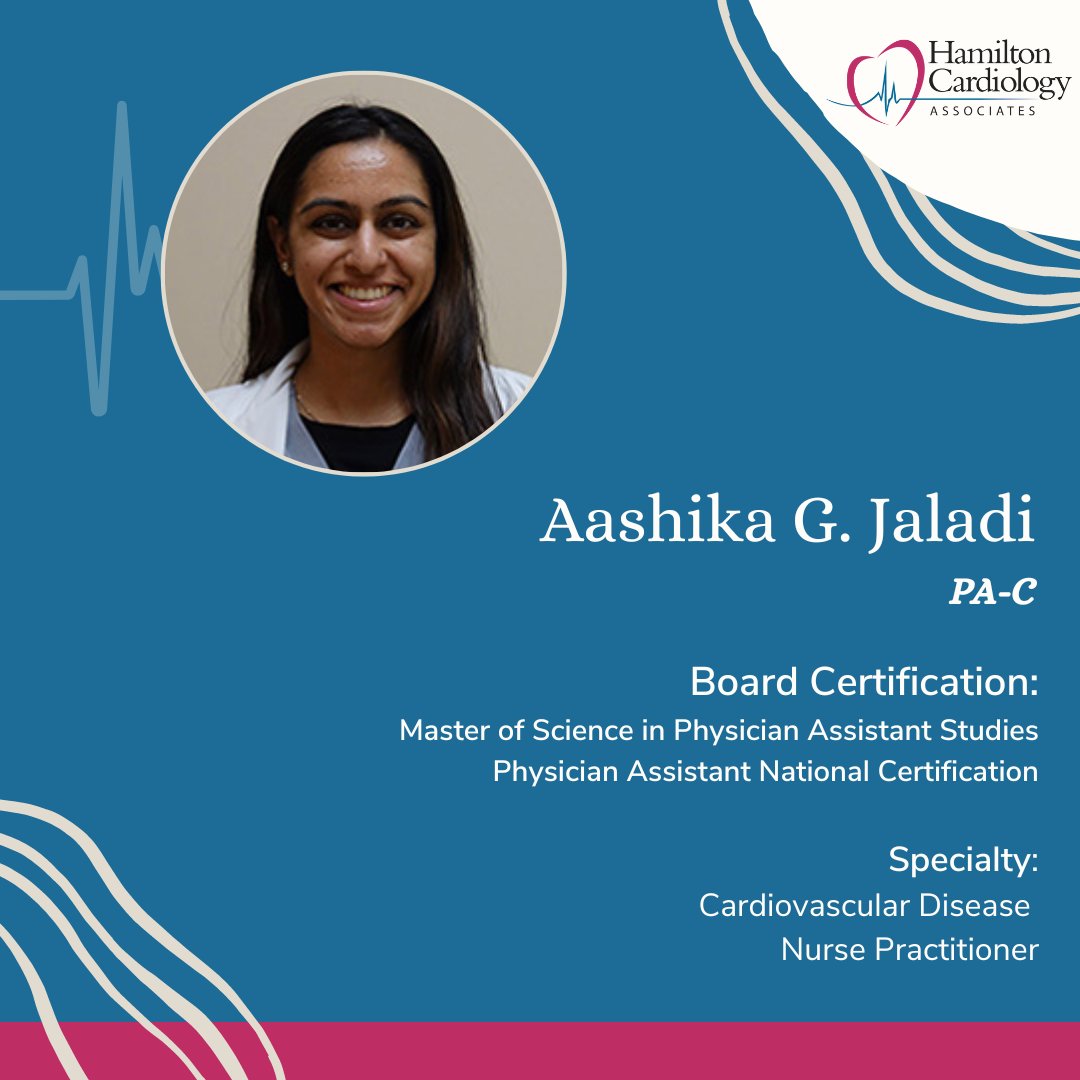HeartDoctorNJ's tweet photo. Meet Hamilton Cardiology's Nurse Practitioner, Aashika G. Jaladi, PA-C

Aashika joined Hamilton Cardiology Associates in February 2022 and has always had a strong interest in cardiology.

To learn more about Aashika Jaladi, visit:

https://t.co/KVYDi3f51C https://t.co/uW66tmPdKh