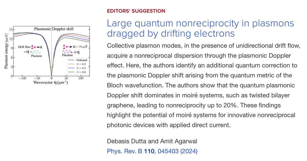 PhysRevB's tweet photo. PRB Editors' Suggestion: Large quantum nonreciprocity in #plasmons dragged by drifting #electrons

Debasis Dutta and Amit Agarwal
Phys. Rev. B 110, 045403

➡️ https://t.co/XgbmIAe2wI
#EdSugg #physics #condmat @APSPhysics https://t.co/KojLqVYlAx