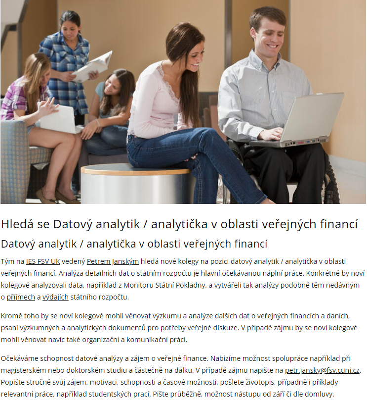 petr_jansky's tweet photo. 😀💸🧑‍🎓Hledáme datovou analytičku / analytika veřejných financí, státních rozpočtů, výdajů a daní 🧮💻🏫
Pojďte rozšířit náš vznikající ambiciózní tým! @FSV_UK @UniKarlova 
Pojďte nám pomoci zefektivnit státní výdaje a příjmy! https://t.co/JrXoY2QAlX