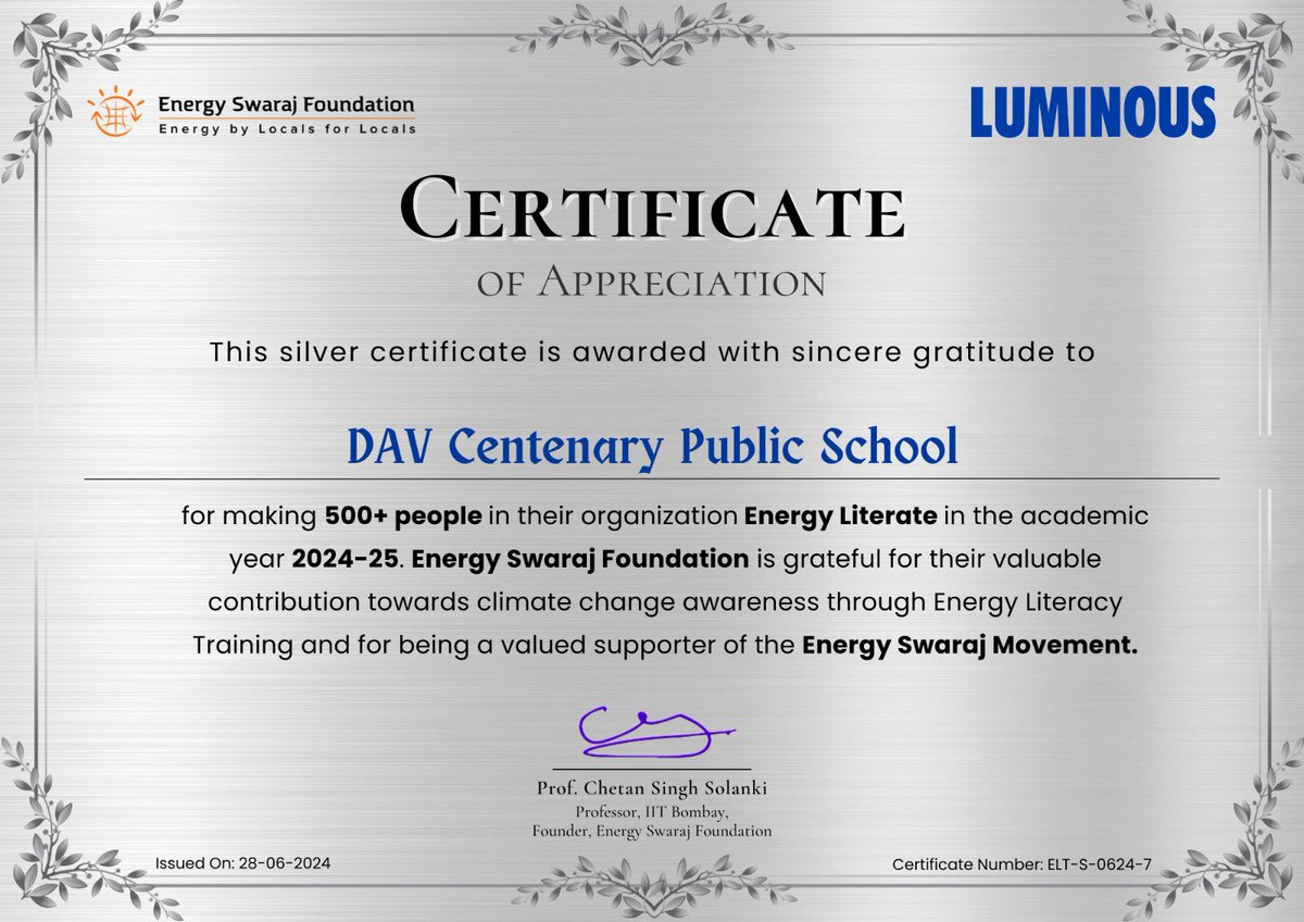 Energy_Swaraj's tweet image. Silver Certificate of Appreciation for #ActionForClimateCorrection

These 4 institutes have encouraged participation in #EnergyLiteracy training and completed 500+ certifications in the month of June.

#training #EnergyEfficiency #EnergySwaraj