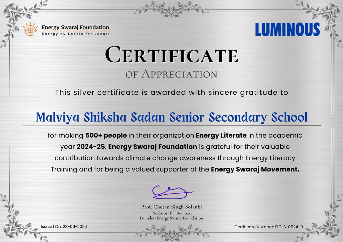 Energy_Swaraj's tweet image. Silver Certificate of Appreciation for #ActionForClimateCorrection

These 4 institutes have encouraged participation in #EnergyLiteracy training and completed 500+ certifications in the month of June.

#training #EnergyEfficiency #EnergySwaraj