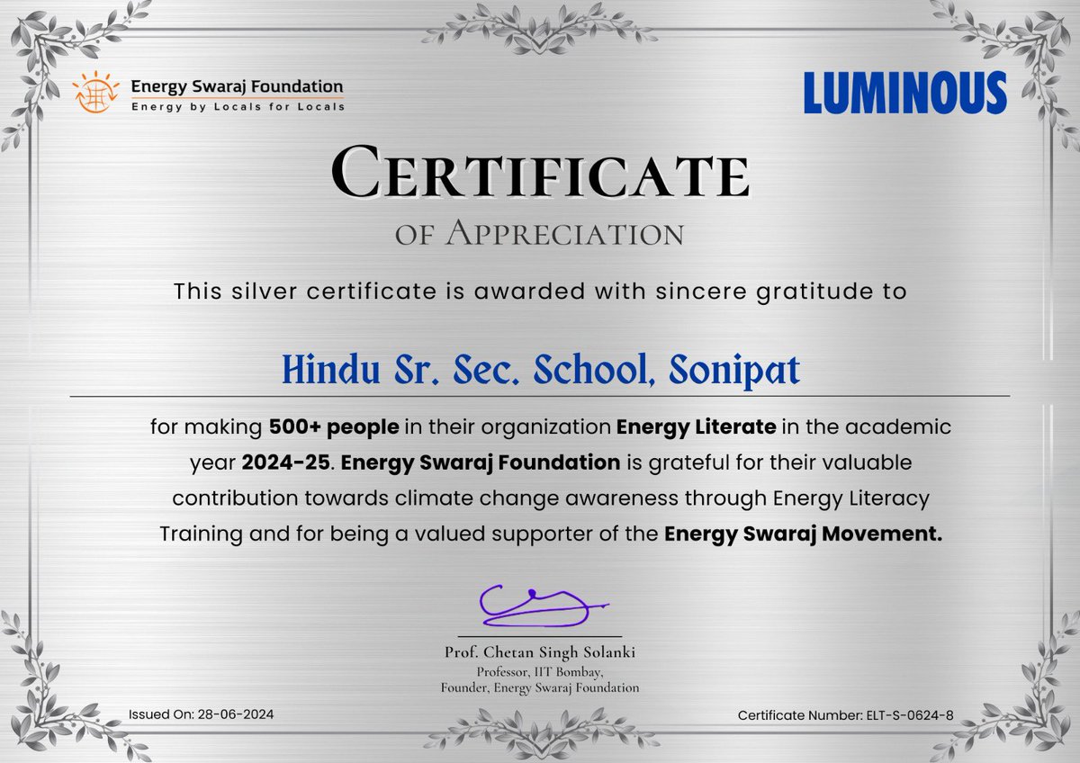 Energy_Swaraj's tweet image. Silver Certificate of Appreciation for #ActionForClimateCorrection

These 4 institutes have encouraged participation in #EnergyLiteracy training and completed 500+ certifications in the month of June.

#training #EnergyEfficiency #EnergySwaraj