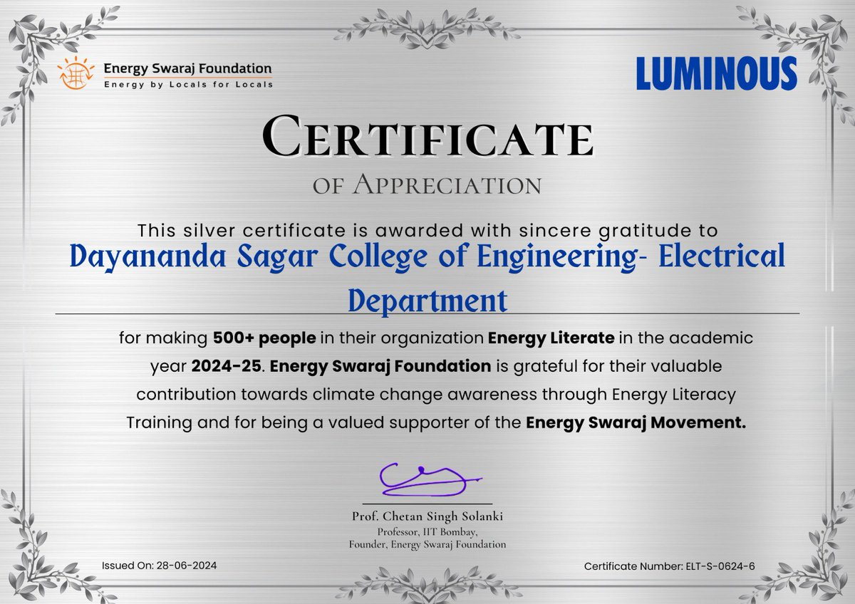 Energy_Swaraj's tweet image. Silver Certificate of Appreciation for #ActionForClimateCorrection

These 4 institutes have encouraged participation in #EnergyLiteracy training and completed 500+ certifications in the month of June.

#training #EnergyEfficiency #EnergySwaraj