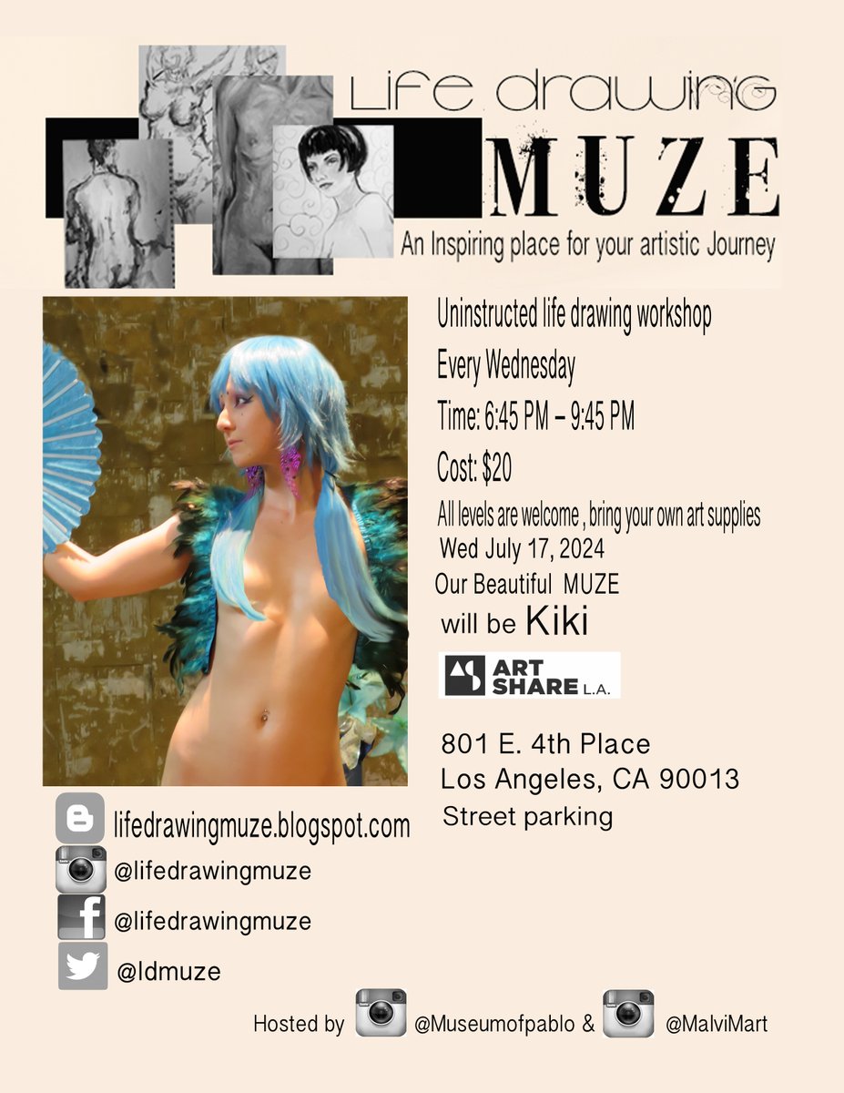LDMuze's tweet photo. Wed July 17, 2024  Lifedrawing Muze WorkShop 
at Art Share LA from 6:45 pm to 9:45 pm
Price $20 Please bring your own art supplies.
Our costume to nude Muze will be Kiki https://t.co/ArBvYJGngz