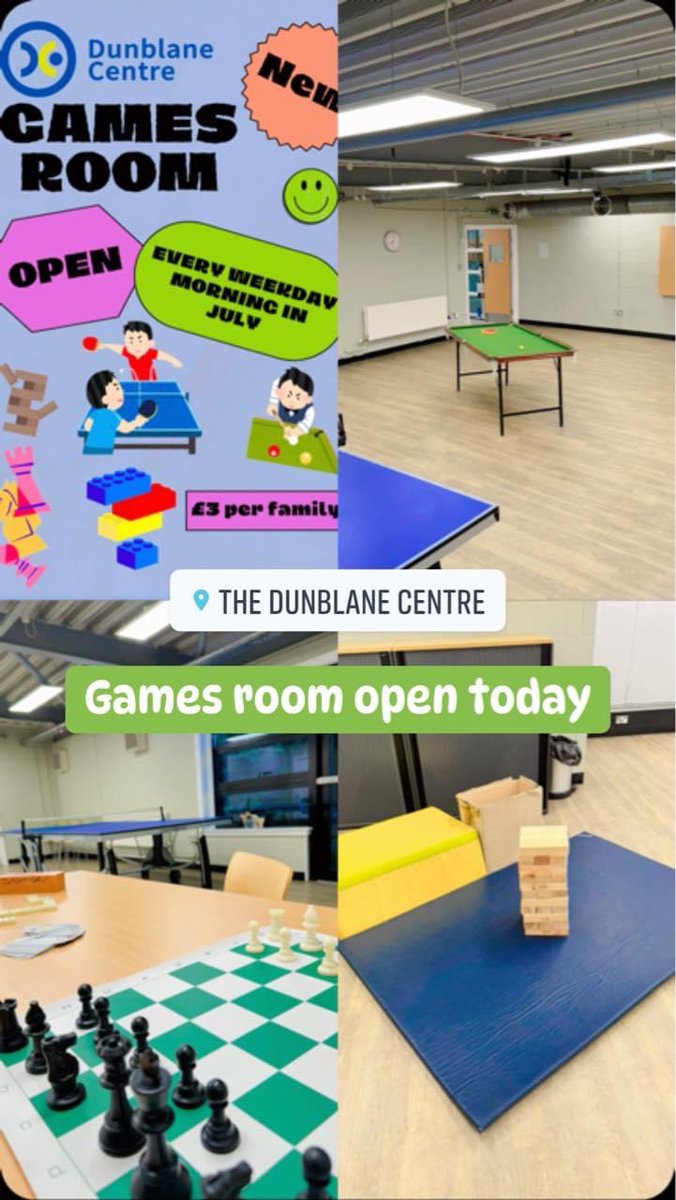 dunblaneinfo's tweet photo. New games room now open in the @DunblaneCentre2 function room.
Play a game of pool, table tennis, chess, cards, dominoes, giant jenga and Lego 🏓♟️🎱😁
£3 per family
Open every weekday morning in July https://t.co/sp0iGrBaB3