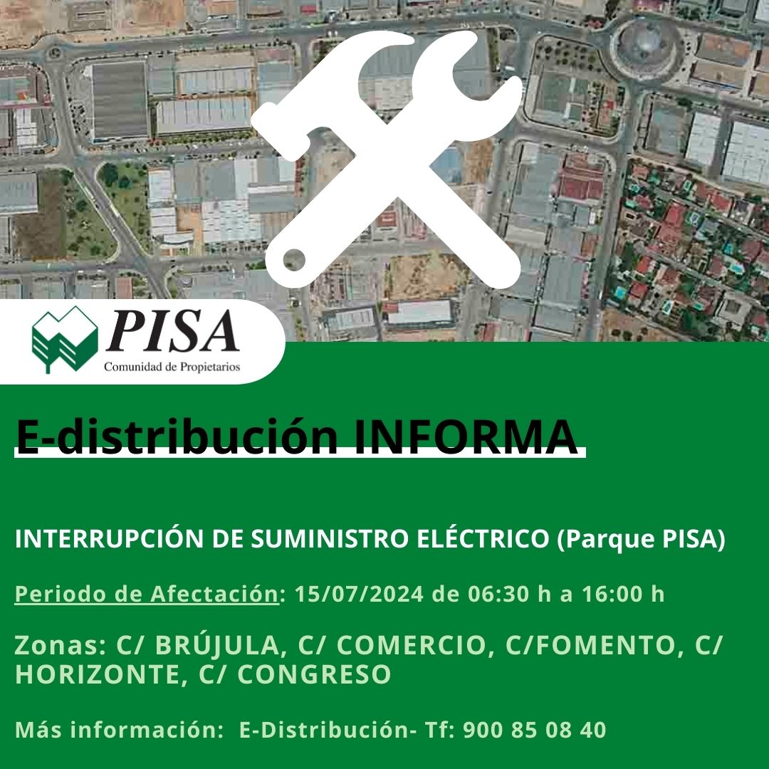 🚧Aviso por interrupción de #suministroeléctrico por trabajos de mantenimiento en calles del #ParquePISA
Zonas afectadas: C/ Brújula, C/ Comercio, C/ Fomento, C/Horizonte, C/Congreso. E-distribución colocará grupo electrógeno aunque se podrán producir cortes durante los trabajos.
