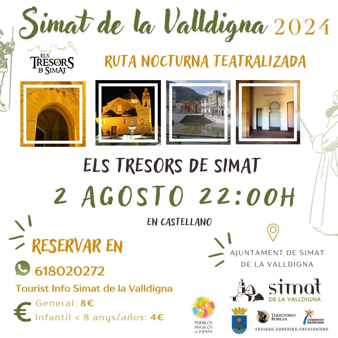 TurismeSimat's tweet image. 📌 Próxima 𝐑𝐮𝐭𝐚 𝐍𝐨𝐜𝐭𝐮𝐫𝐧𝐚 𝐓𝐞𝐚𝐭𝐫𝐚𝐥𝐢𝐭𝐳𝐚𝐝𝐚 en Simat de la #Valldigna. 2 de agosto a las 22:00h «Los Tesoros de Simat»
Reservas al 618020272 @pueblosmagicos