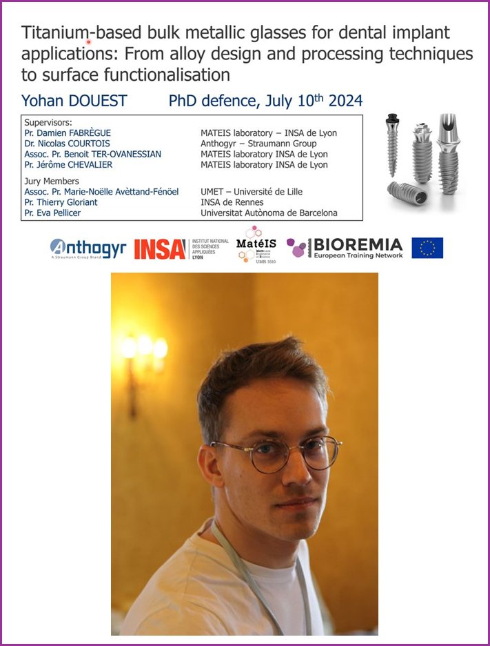 Yohan (ESR 14) defended his #PhD #thesis "Titanium-based bulk metallic glasses for dental implant applications: From alloy design and processing techniques to surface functionalisation". 
We congratulate! 🎉

#phdlife #bioremia #ITN #biomaterials
<a href="/HorizonEU/">Horizon Europe 🇪🇺</a> <a href="/MSCActions/">Marie Skłodowska-Curie Actions</a>