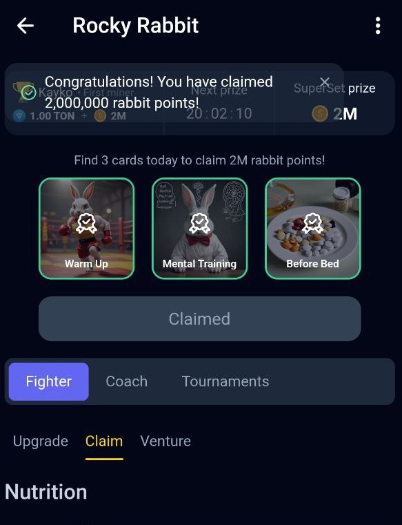 Big news today!

<a href="/rockyrabbitio/">Rocky Rabbit</a> have introduced a new feature, #SuperSet ! 

Here is the combination for today:

-Warm up
-Mental Training
-Before Bed

Follow for more!

#RockyRabbit #Airdrop