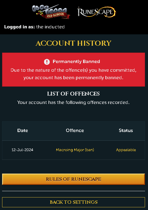 the_inducted's tweet image. Woke up to find my account (rsn: the inducted) permanently banned, I have spent over 2500 hours and I have not botted, cheated or used any type of macro ever. This ban 100% is false. Please review it and unban me @JagexSupport @JagexTyran @JagexTwisted @JagexAyiza @JagexLight
