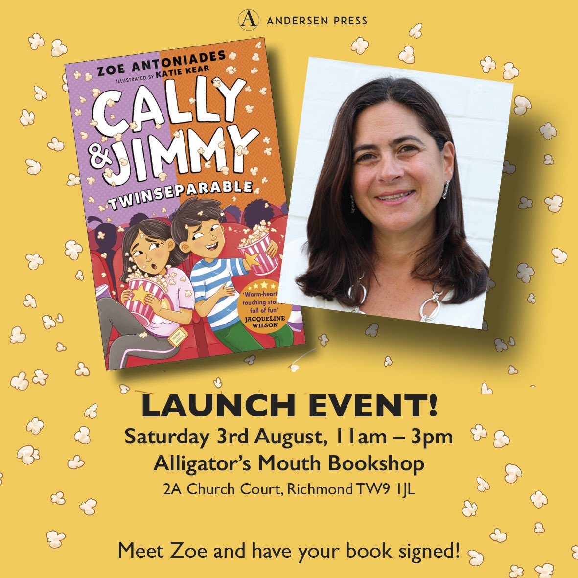 zoeantoniades's tweet photo. Save the date for the launch of Twinseparable. Saturday 3rd August, 11am-3pm. Come and celebrate the fourth book in the Cally &amp; Jimmy series at @alligatorsmouth The Alligator's Mouth Children's Bookshop, 2A Church Court, Richmond, TW9 1JL 🧡💜 @AndersenPress https://t.co/OsXZlqLOuf