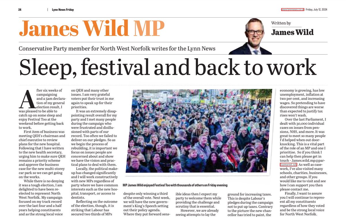 jamesowild's tweet image. Sleep, Festival Too, and then back to work - a week from the election here’s my new @TheLynnNews column having been re-elected MP for North West Norfolk