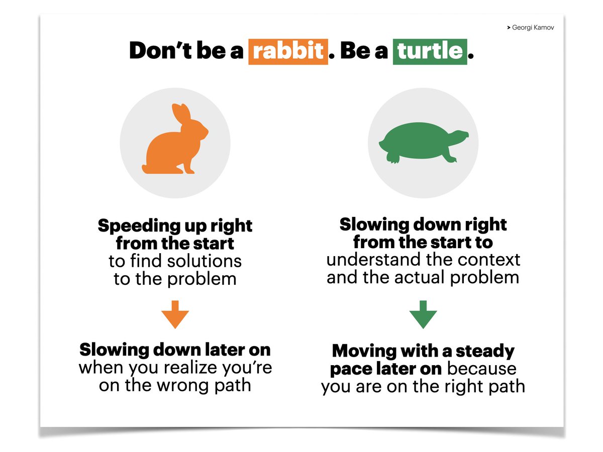 Joko's tweet image. Companies often rush to find solutions to problems ASAP. With design thinking, we first hit pause and ask:
1. What's the context of the challenge?
2. What problem are we actually solving?

Stepping back right in the beginning helps you find better solutions and go faster later on