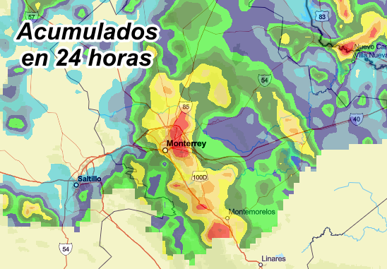 nelvaldez's tweet photo. 🌧️ Muy buenos acumulados de lluvia en la zona metropolitana de #Monterrey y #NuevoLeón en últimas 24 horas.

Estimado por el radar muestra áreas de 75 a 100 mm especialmente hacia el oriente y Norte. Se mantendrán escurrimientos a los ríos y arroyos. 😀 https://t.co/okcMlNU1pw