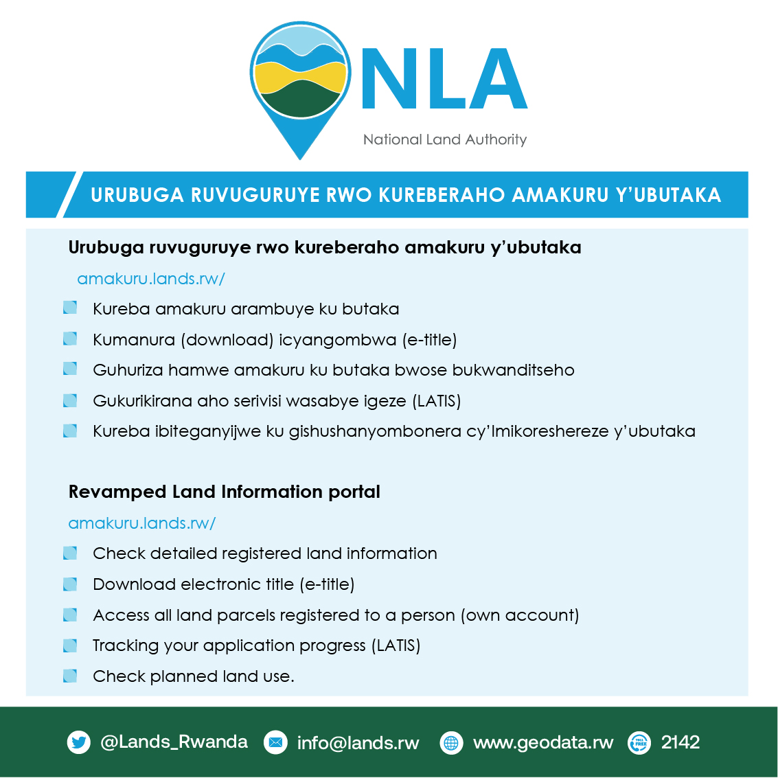 Lands_Rwanda's tweet photo. Turamenyesha abajyaga bakoresha urubuga https://t.co/ryKNiLQMt8 mu kureba amakuru ku butaka no kumanura (download) ibyangombwa koranabuhanga (e-title) ko rwavuguruwe ndetse runahindurirwa izina, ubu rukaba ari https://t.co/ahjQdDJiQY https://t.co/1eoiUPdef9