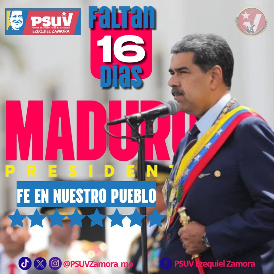 🟨🟦🟥🟨🟦🟥🟨🟦🟥
Aquí nuestro contador Zamorano!!!

A Solo 1️⃣6️⃣ días para la victoria contundente.

_Nicolás Maduro presidente_ 

*Psuvezamora_mo*
<a href="/NicolasMaduro/">Nicolás Maduro</a> 
<a href="/dcabellor/">Diosdado Cabello R</a> 
<a href="/jorgerpsuv/">Jorge Rodríguez</a> 
<a href="/ErnestoLunaPsuv/">Ernesto Luna G.</a> 
<a href="/Oscarcpsuv/">Oscarcpsuv</a> 
<a href="/PartidoPSUV/">PSUV</a> 
<a href="/psuvmonagas_ve/">𝗣𝗦𝗨𝗩 𝗠𝗢𝗡𝗔𝗚𝗔𝗦</a>
