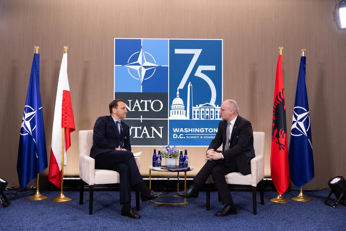 IgliHasani's tweet photo. At the margins of the Washington NATO Summit, I had valuable meetings with my counterparts from Poland @radeksikorski and Iceland @thordiskolbrun. 

We focused on strengthening bilateral and multilateral cooperation, addressing global challenges including dynamics in the Western Balkans, as well as reaffirming collective defense efforts and support for #Ukraine.
 
🇦🇱 🤝 🇵🇱 
🇦🇱 🤝 🇮🇸 

#WeAreNATO
#StrongerTogether