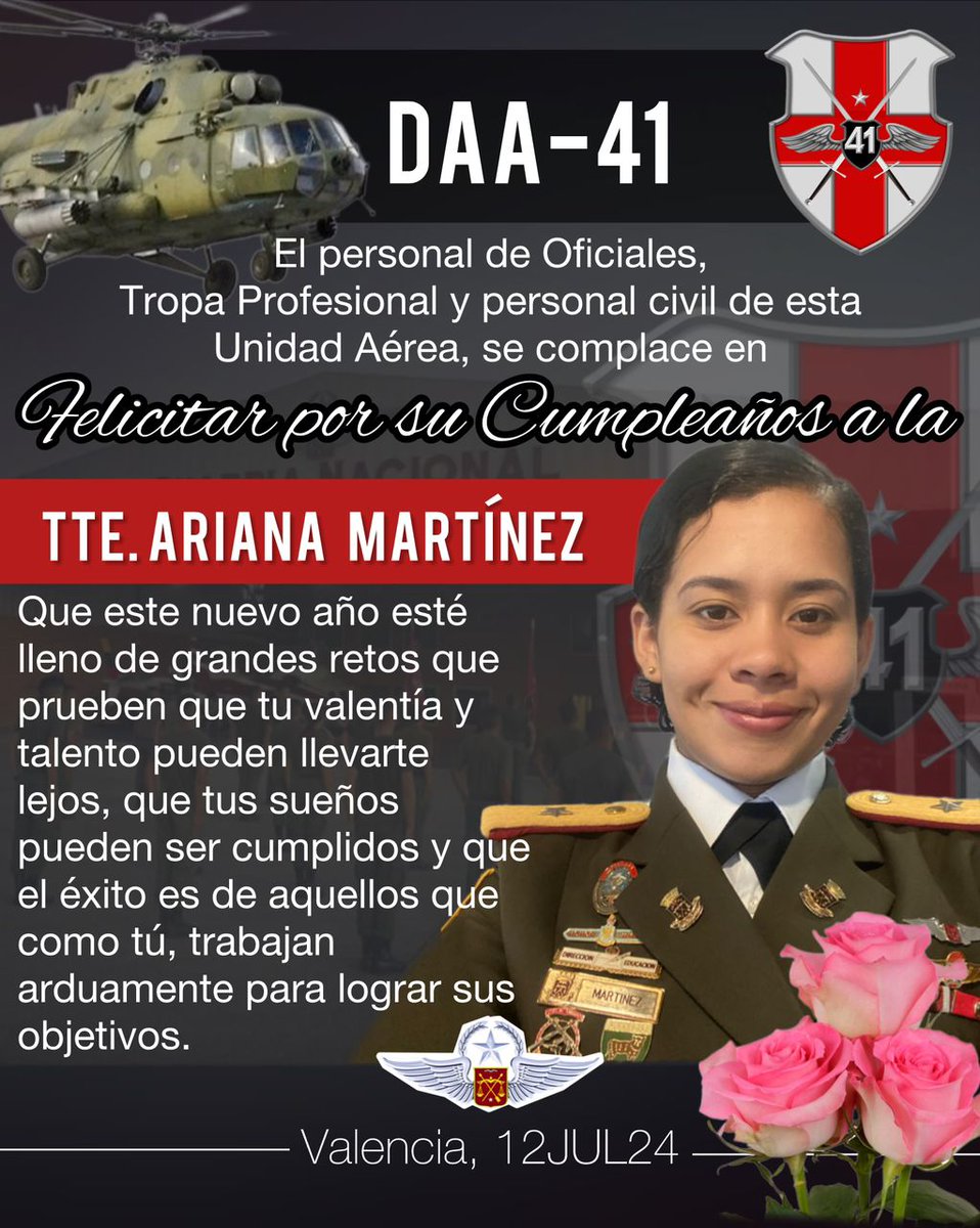 daa_41gnb's tweet photo. La familia del Destacamento de Apoyo Aéreo Nº 41, se complacen en felicitar por su cumpleaños a la ciudadana Tte. Ariana Martínez Rangel, copiloto del sistema de Ala Rotativa del Comando Aéreo de la Guardia Nacional Bolivariana, le deseamos mucha salud y bendiciones. https://t.co/BPSTG5dzEf