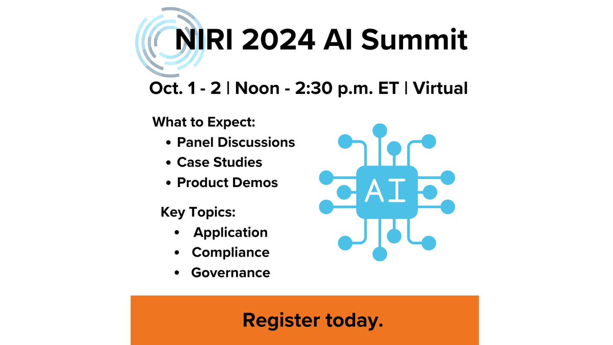 Join this virtual seminar to explore the current state of AI use in investor relations! NIRI’s inaugural AI Summit aims to provide practical knowledge and tools on AI applications that attendees can begin implementing immediately. Learn more and register: niri.org/ai-summit-2024