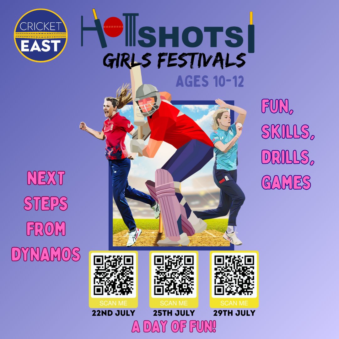 Hey young cricketers (ages 10-12)! 🏏✨

Loved Dynamos? Ready to level up? Join our Girls Hotshots Festivals! 🌟

Enjoy coached skills, awesome drills, and exciting games (softball &amp; hardball). Lots of cricket fun! Don’t miss out!

Sign up now! 🔥

bit.ly/46iybKh