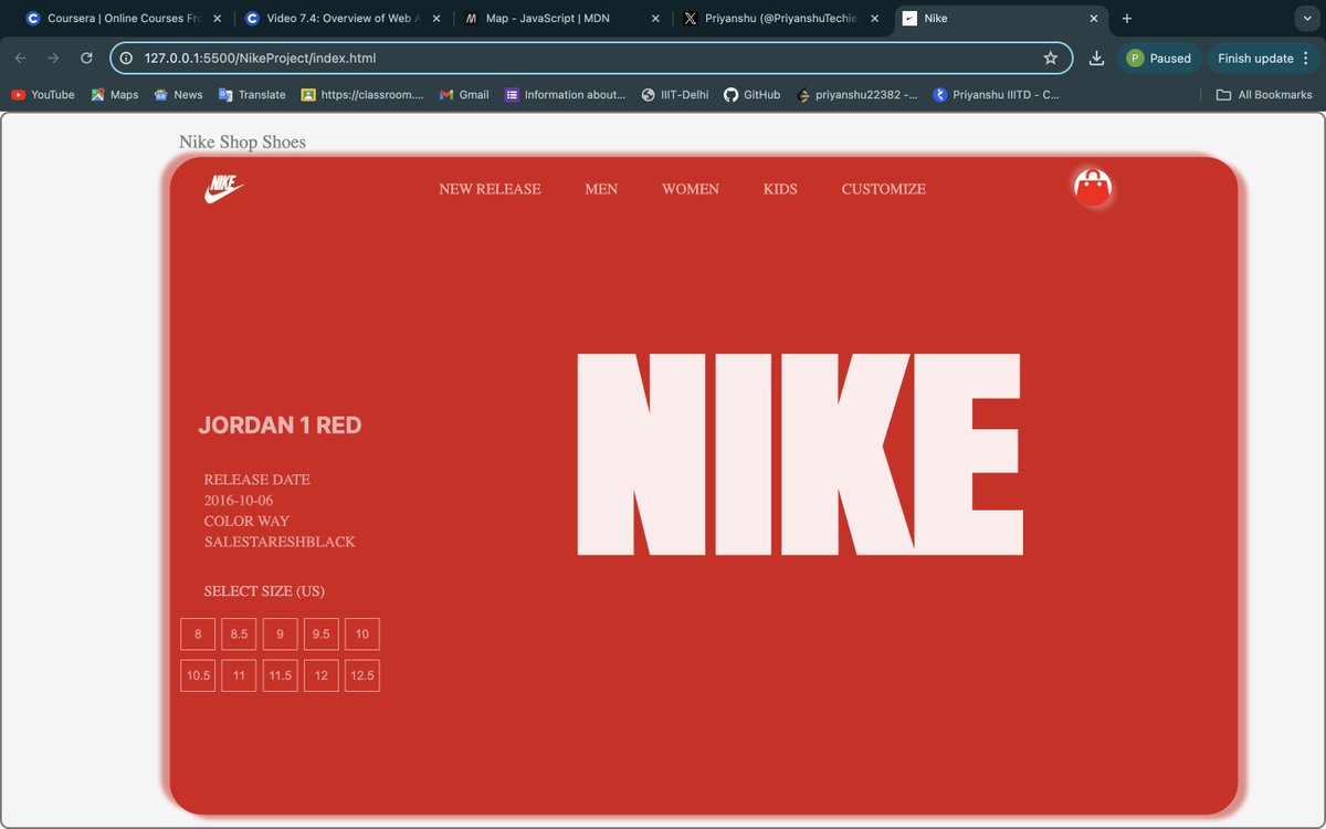 PriyanshuTechie's tweet photo. Day 22 of #50DaysOfCodeChallenge! Today I creating a  Nike UI with HTML, CSS, and JavaScript. #LearnInPublic #buildinginpublic #JavaScript #WebDevelopment #SoftwareEngineer #SoftwareDevelopment #CodingTips #X #connect https://t.co/xoyJjp1E0A