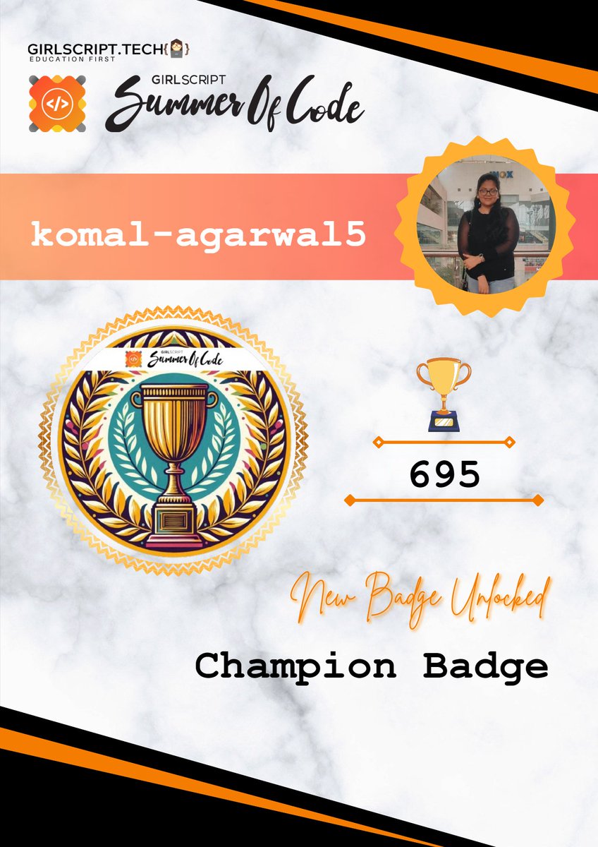 Komal_Agarwal5's tweet image. GSSoC 24🚀
So far, I have achieved a score of 695 and a rank of 71 having merged 32 PRs. This journey has been an incredible learning experience . I&apos;m thankful for the support and guidance from the community.
#GSSoC #GSSoCBadge #Girlscript #OpenSource #LearningJourney #Coding