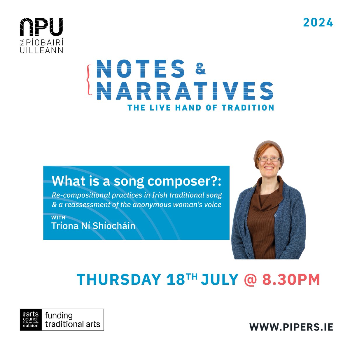 Napiobairi's tweet photo. Join us for #NotesandNarratives Thurs 18 July 8:30pm with Tríona Ní Shíocháin presenting on Irish traditional song composition!

Tickets: https://t.co/jZVI1hem3q

#napiobairi #uilleann #sharingthesound @artscouncil_ie https://t.co/7h9w7jFNen