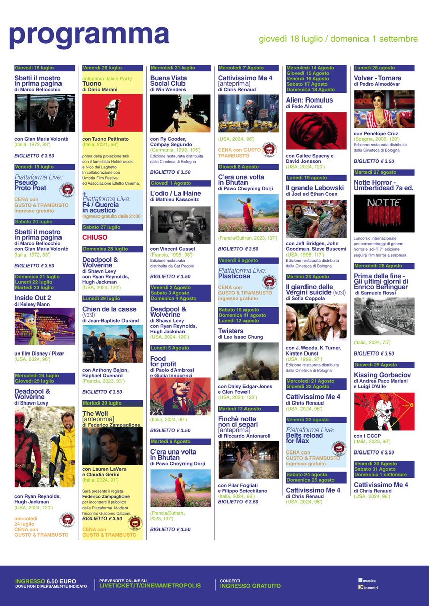 Un gradito e atteso ritorno quello del cinema all’aperto, d’estate, di sera, quando si ricomincia a respirare dopo le cocenti giornate di afa in città. Il cinema all’aperto in Piattaforma.
Da giovedì 18 luglio. Scarica il programma in PDF qui; cinemametropolis.it/wp-content/upl…