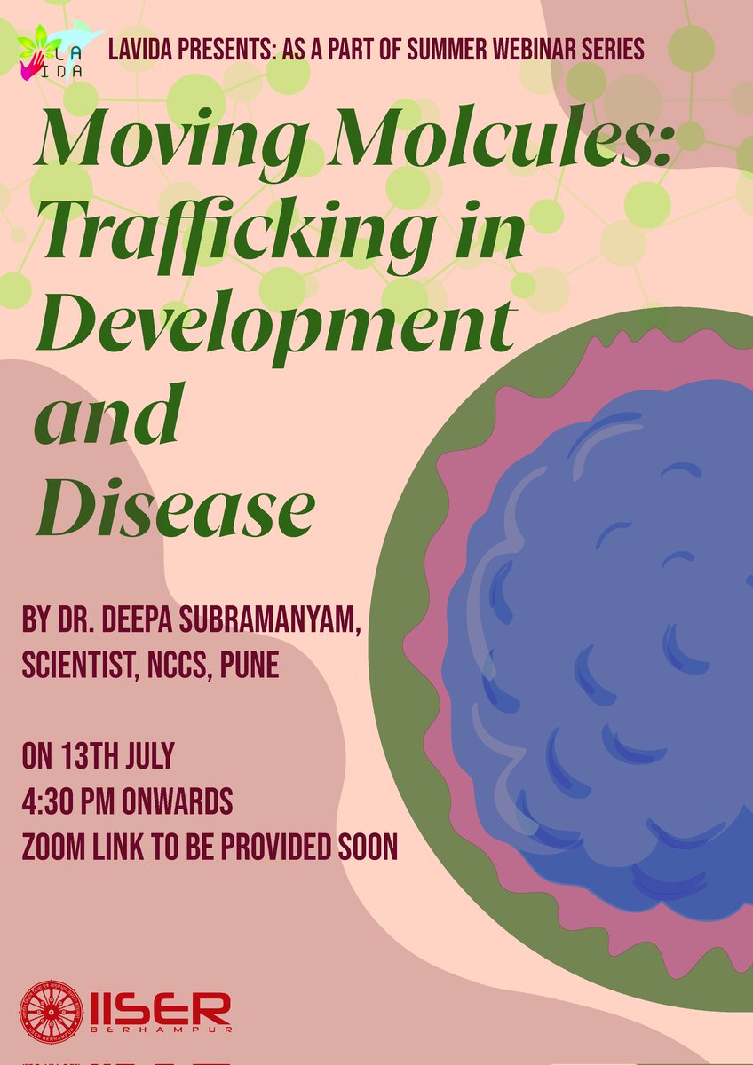 LA VIDA is back with another talk in the summer webinar series on the 13th of July, 4:30 pm

This time we have with us Dr Deepa Subramanyam from the National Centre for Cell sciences

Title: Moving molecules: trafficking in development and disease. 

zoom.us/j/9854810076?p…