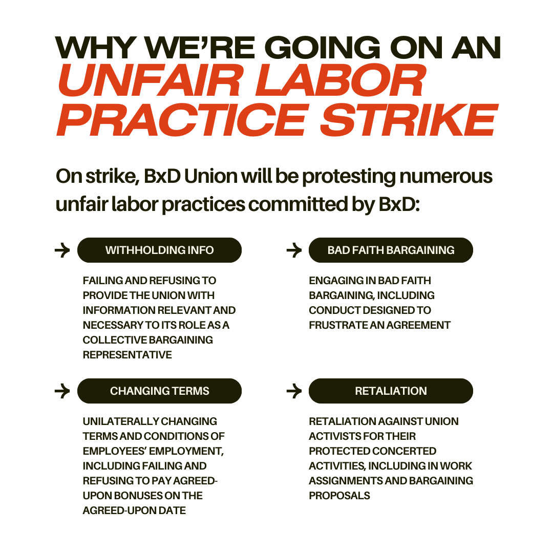 BxDUnion's tweet photo. On 7/22, BxD Union is set to go out on an Unfair Labor Practice strike, protesting the numerous ULPs committed by @BronxDefenders:
☑️ Failing to provide necessary info
☑️ Engaging in bad faith bargaining
☑️ Unilaterally changing employment terms &amp; conditions
☑️ Retaliation https://t.co/ZUYIXerooJ