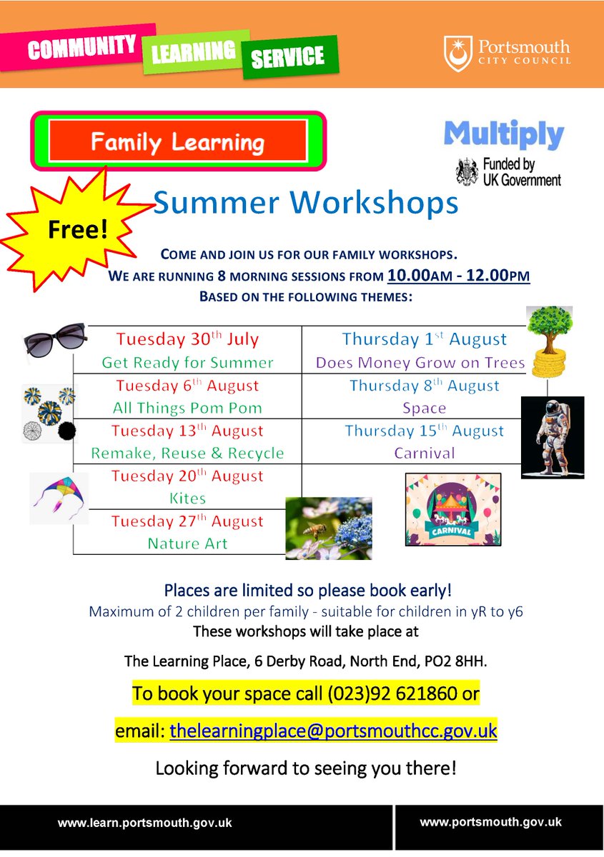 Community Learning Services are hosting 8 free family learning sessions over the summer holidays! The workshops are for children aged 4 to 11 and their parents / guardians. The workshops are running in the morning, 10:00 - 12:00