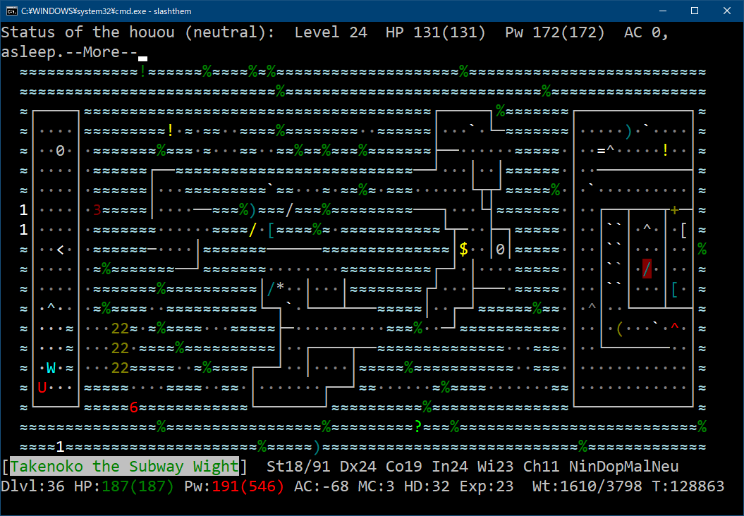 TakenokoSatono's tweet image. 半年ぶりの #slashthem 日記。
houou のシンボルがアンバーハルクと同じで違和感あったが、ポケモンフラグが付いていた。ポケモン知らないからな…
hentai octopus はふざけた名前だが、睨みに盗み効果があって危険。
ディスラプターで三回攻撃すると、emperor lich も一ターンで瀕死に。 #nethack