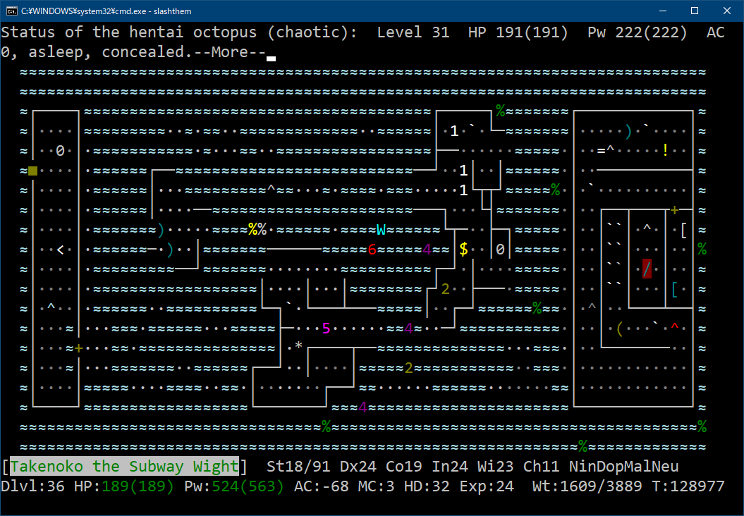 TakenokoSatono's tweet image. 半年ぶりの #slashthem 日記。
houou のシンボルがアンバーハルクと同じで違和感あったが、ポケモンフラグが付いていた。ポケモン知らないからな…
hentai octopus はふざけた名前だが、睨みに盗み効果があって危険。
ディスラプターで三回攻撃すると、emperor lich も一ターンで瀕死に。 #nethack