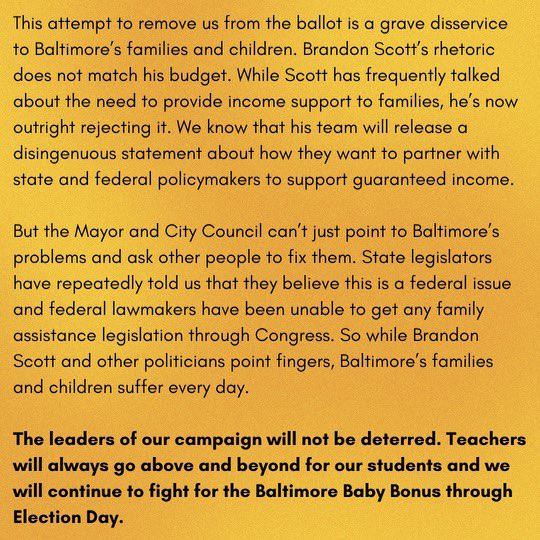bbbfund's tweet photo. Yesterday the mayor’s office informed us that the Mayor and City Council of Baltimore filed a lawsuit to remove the Baltimore Baby Bonus from the ballot.

We are fully confident that the courts will reject this attack on democracy.

Full statement below: https://t.co/tVSzGf41dk
