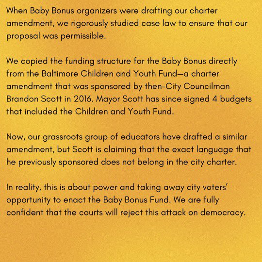 bbbfund's tweet photo. Yesterday the mayor’s office informed us that the Mayor and City Council of Baltimore filed a lawsuit to remove the Baltimore Baby Bonus from the ballot.

We are fully confident that the courts will reject this attack on democracy.

Full statement below: https://t.co/tVSzGf41dk