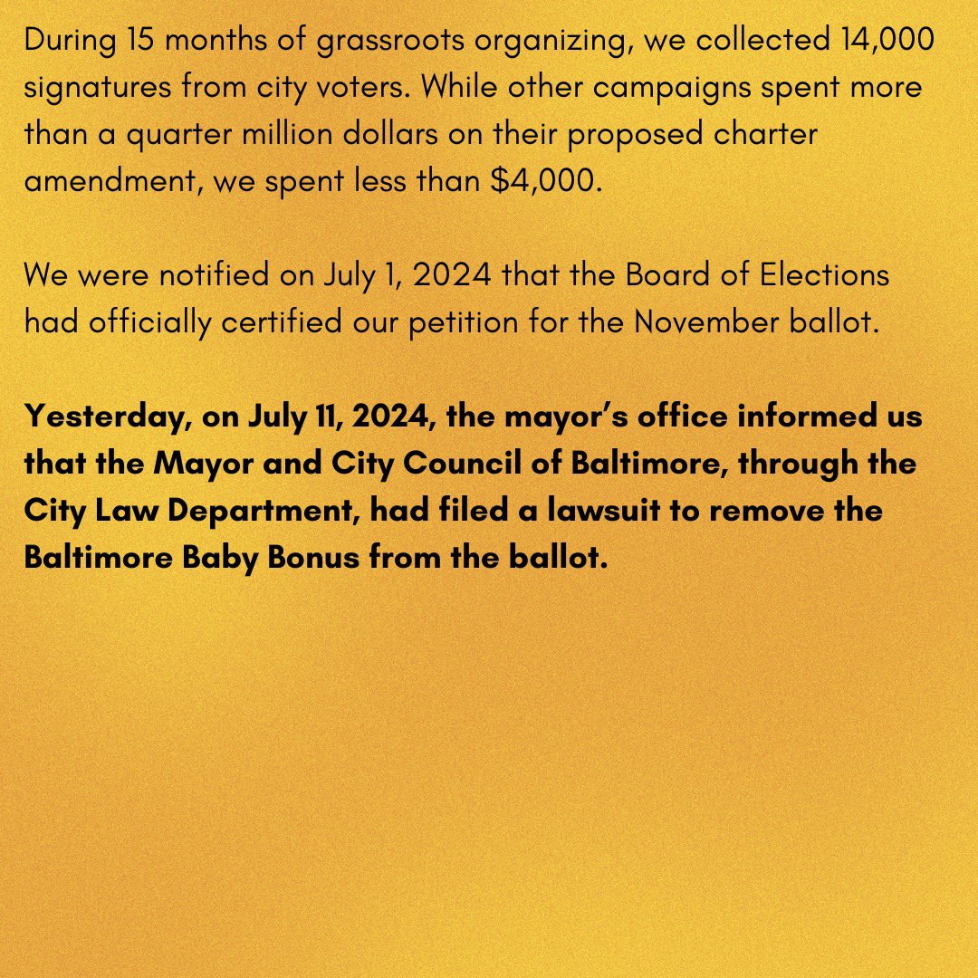 bbbfund's tweet photo. Yesterday the mayor’s office informed us that the Mayor and City Council of Baltimore filed a lawsuit to remove the Baltimore Baby Bonus from the ballot.

We are fully confident that the courts will reject this attack on democracy.

Full statement below: https://t.co/tVSzGf41dk