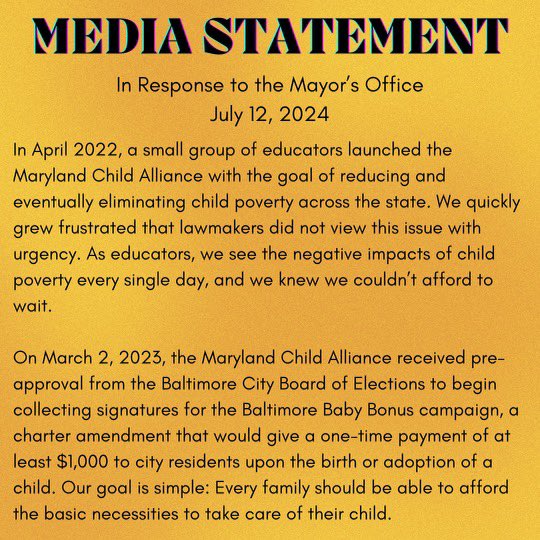 bbbfund's tweet photo. Yesterday the mayor’s office informed us that the Mayor and City Council of Baltimore filed a lawsuit to remove the Baltimore Baby Bonus from the ballot.

We are fully confident that the courts will reject this attack on democracy.

Full statement below: https://t.co/tVSzGf41dk
