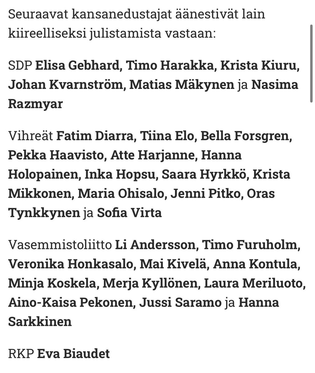 Äänestäjiä saattaa kiinnostaa lista rajalakia vastaan äänestäneistä kansanedustajista, joten laitetaan jakoon.