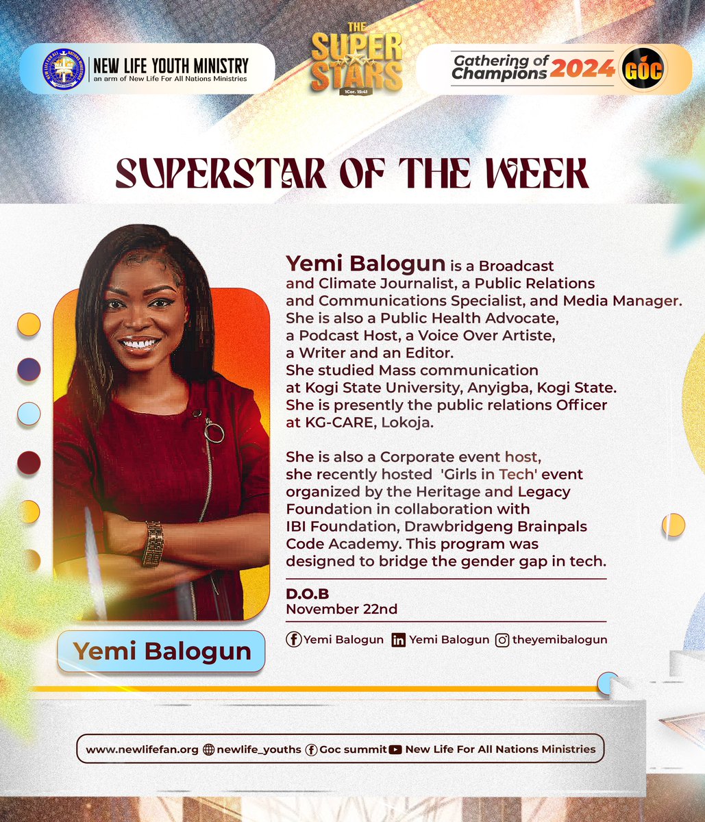 nlym_youths's tweet photo. Its another Friday to celebrate another Superstar..

Our Superstar for this week is Yemi Balogun.

She is simple, friendly, down to earth, adventurous,  writes and loves listening to good music.

We love and celebrate you 

#newlifeyouths
#newlife
#superstars
#GOC2024 https://t.co/H2p4DpVubd