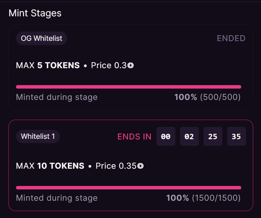 First mint stage sold out in 3 seconds!

Second round also sold out quickly

Third stage opens in ~ 25 minutes (15:00 CET)

Grab one before it's too late!

└[∵┌]└[ ∵ ]┘[┐∵]┘