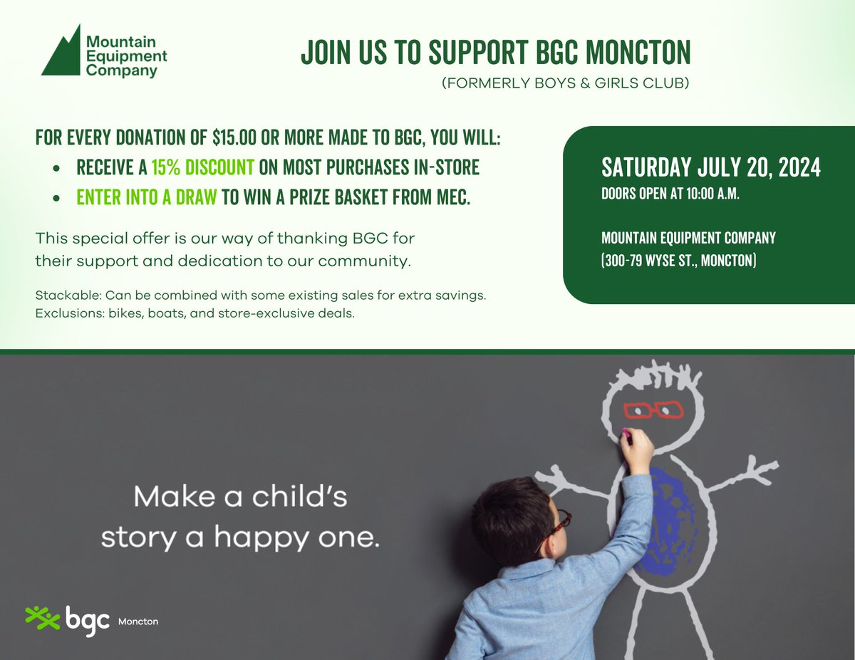 Don't miss out on this fantastic opportunity to give back and enjoy some great savings! 🎁✨

📅 Date: Saturday, July 20th
🕙 Time: From 10:00 AM
📍 Location: Mountain Equipment Company, 300-79 Wyse St, Moncton

We look forward to seeing you there!